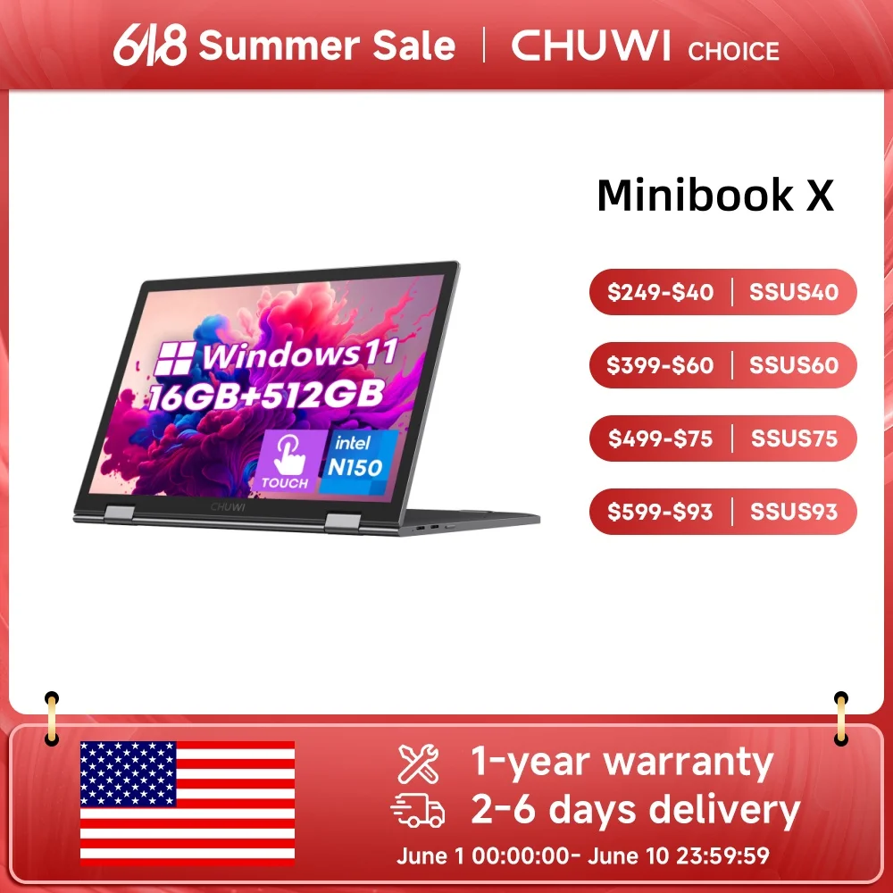 CHUWI Touch Screen Laptop MiniBook X 2-in-1 Laptop Intel N150 512GB ROM 16GB LPDDR5 10.51'' 2K FHD IPS Windows 11 Work Notebook