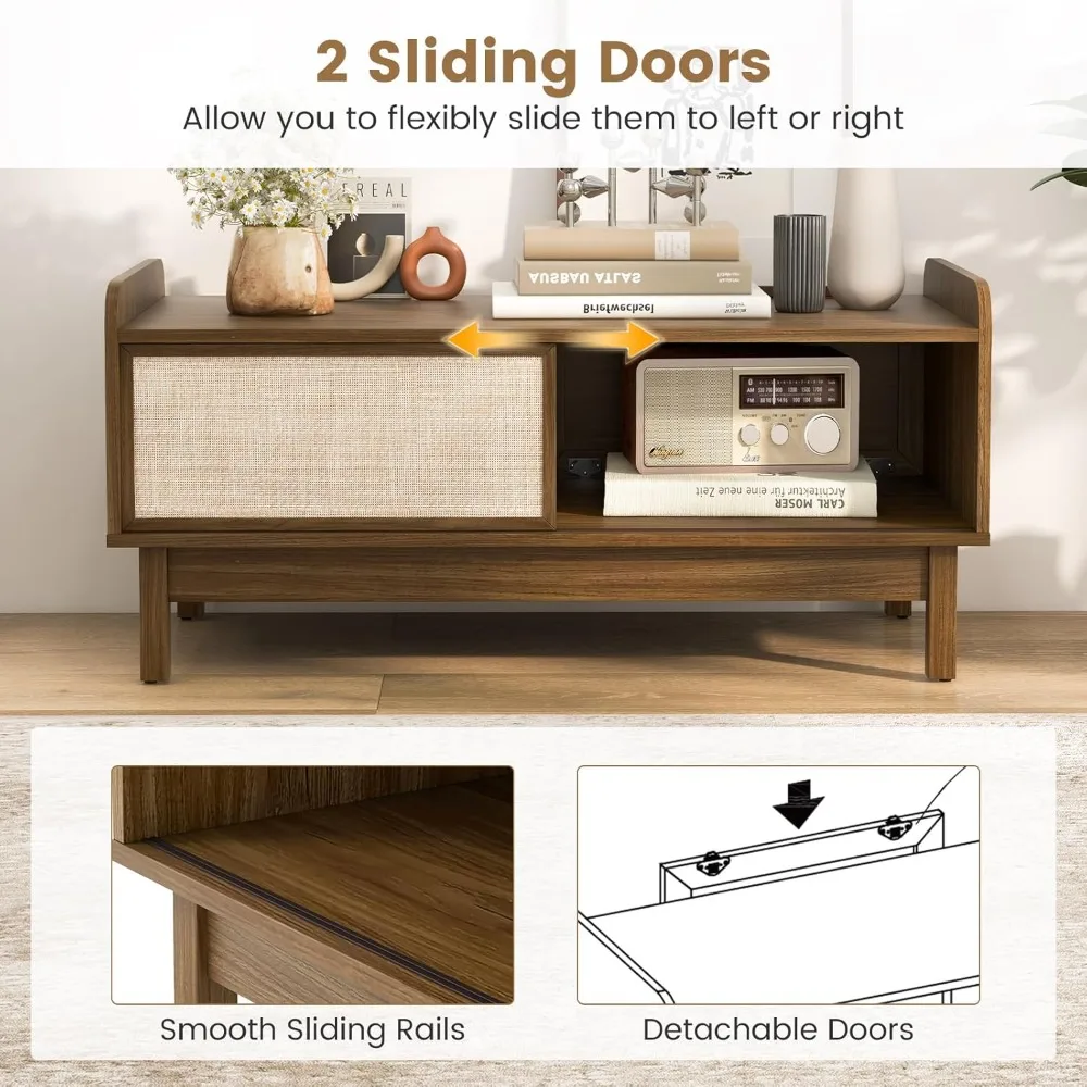 Mid Century Coffee Table with Storage, Rattan Modern Tea Table with Sliding Doors, Adjustable & Removable Shelf