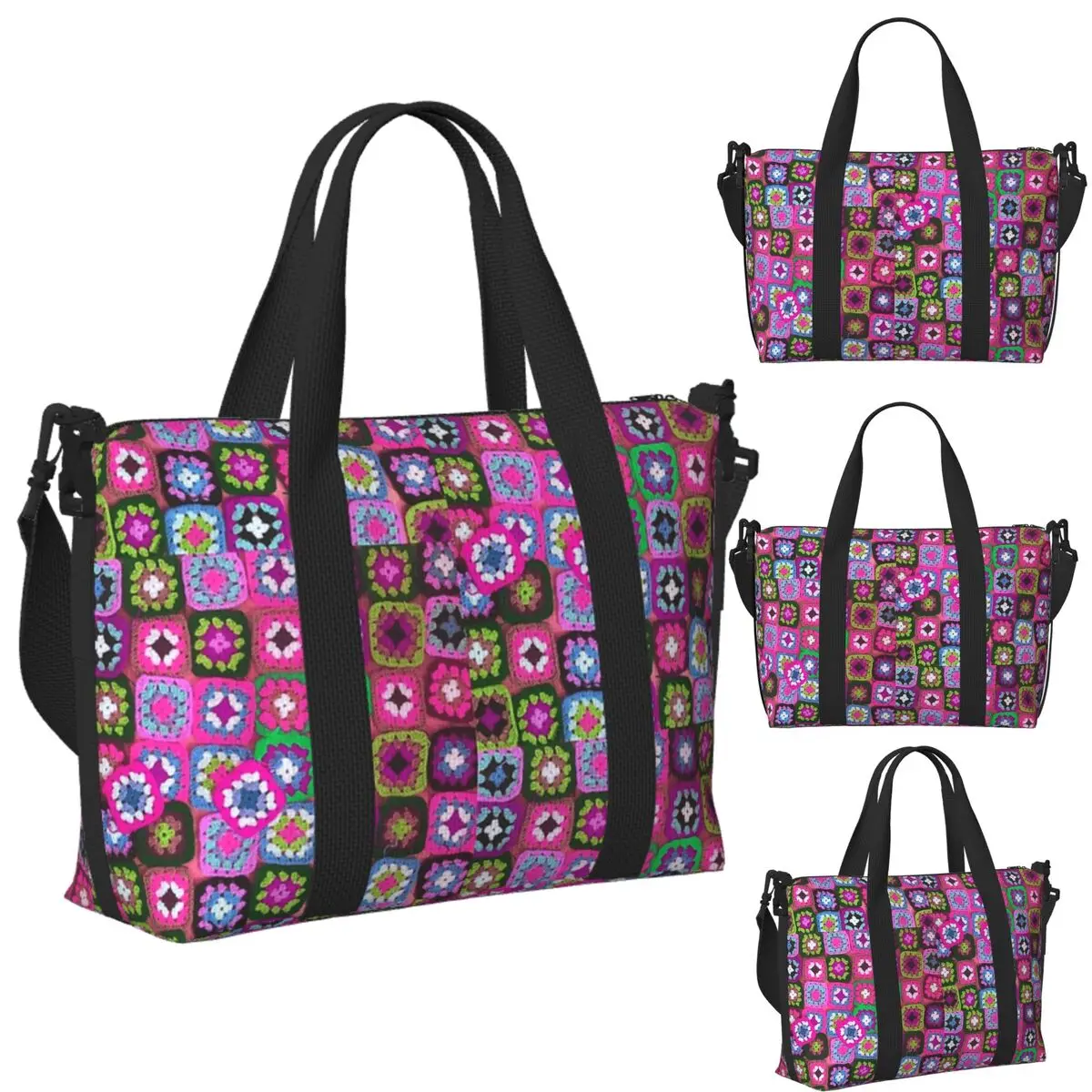 

Custom Crochet Blanket Granny Square Vintage Beach Travel Bag Tote Bags for Gym Sport Women Shopping Duffle Shoulder Bag