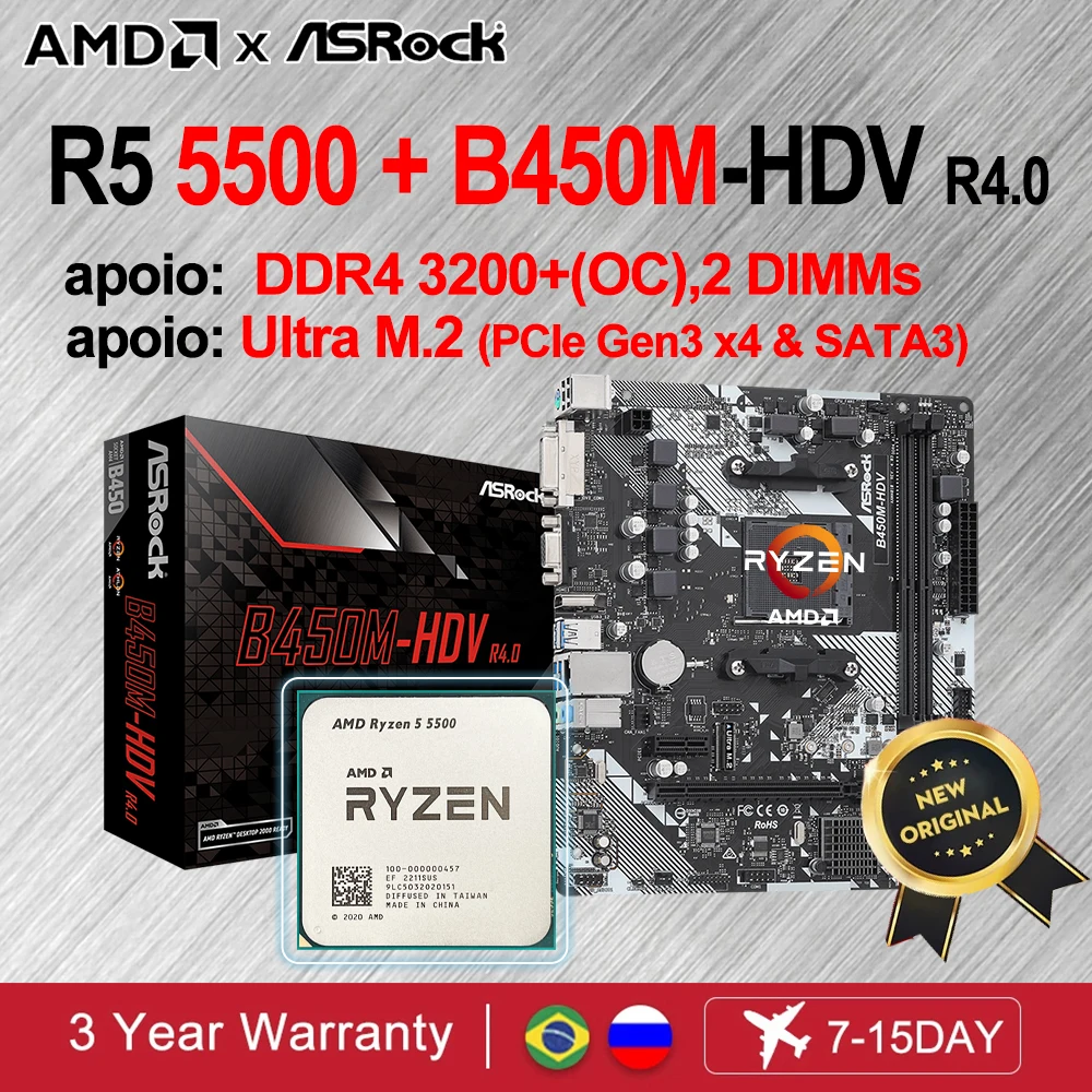 

New AMD R5 5500 kit placa mãe e processador Ryzen 5 5500 CPU + ASRock B450M-HDV R4.0 Motherboards B450 placa mae AM4 DDR4 64GB