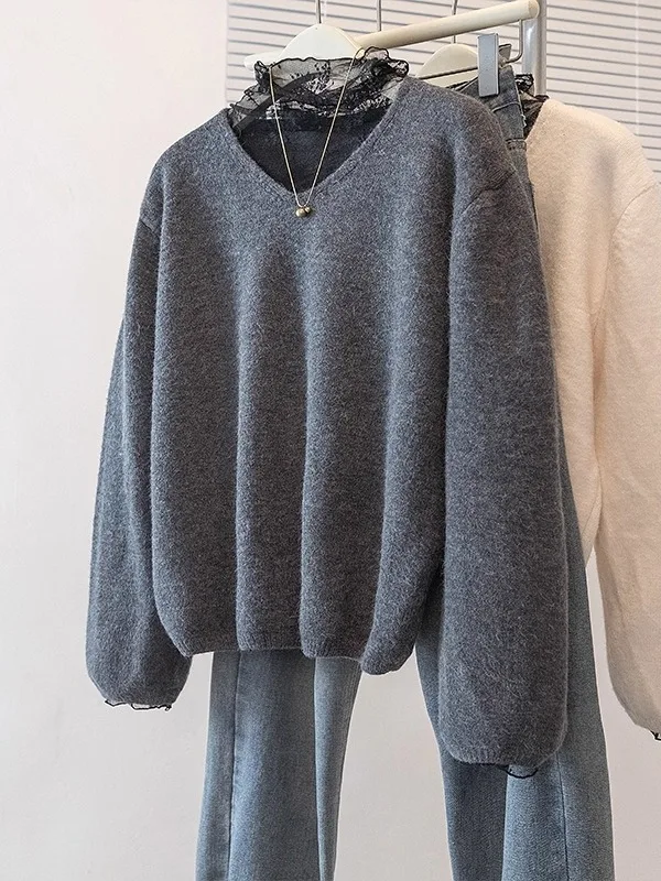 

ey Long Sve Lace Insert f High Ne Knitted Sweater Women's plus Size Winter Big Code Fat MM Fake Two-Piece Top