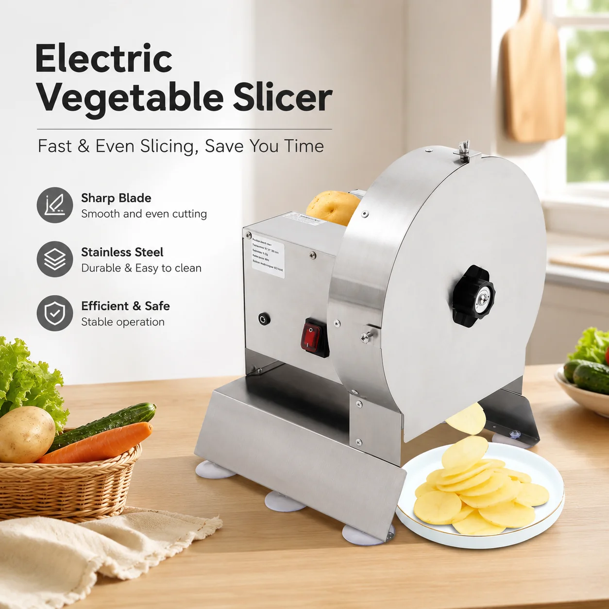 Elektrische Gemüseschneidemaschine für Kartoffelchips, Süßkartoffeln, Tomaten, elektrischer Gemüseschredder, Obst- und Gemüseprozessor, 201+420 Edelstahl, 0,1-10 mm einstellbare Schnittstärke, 40W,