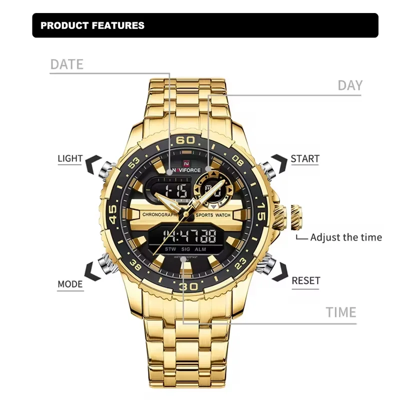 NAVIFORCE Fashion Brand Black Gold Men Watch Fashion Luxury Quartz Wrist Watches Sport Waterproof  Stainless Steel Strap NF9234