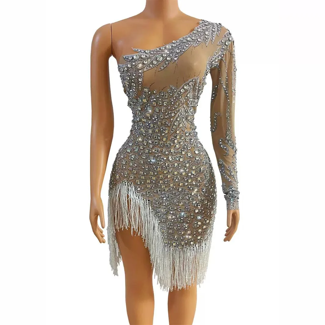 2025 Glamorous Diamond Tassel Birthday Party Stage Dress Women's Mesh Hollow Sexy Tight Skirt Evening Gown Performance Outfit