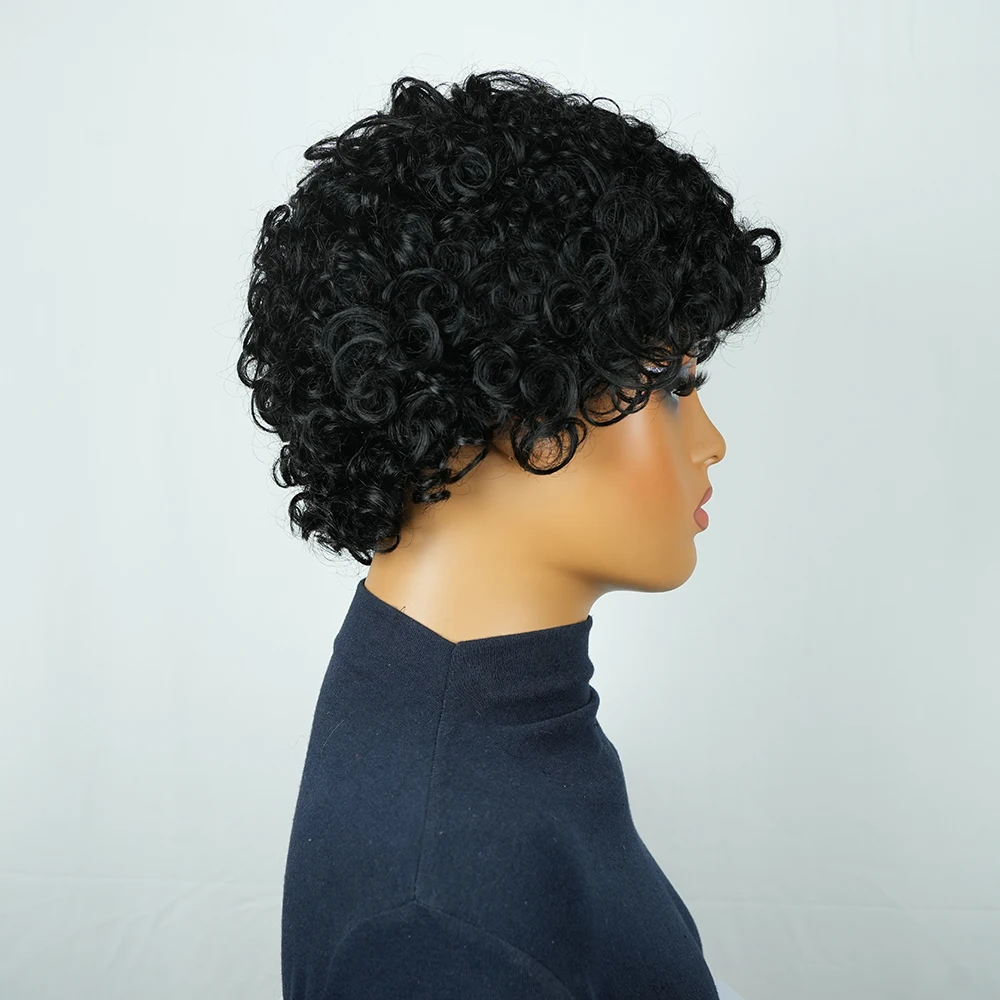ピクシーカットウィッグ人毛ショートカーリー人毛ウィッグ女性用黒安価人毛ウィッグフルマシングルーレスピクシーカーリーウィッグ