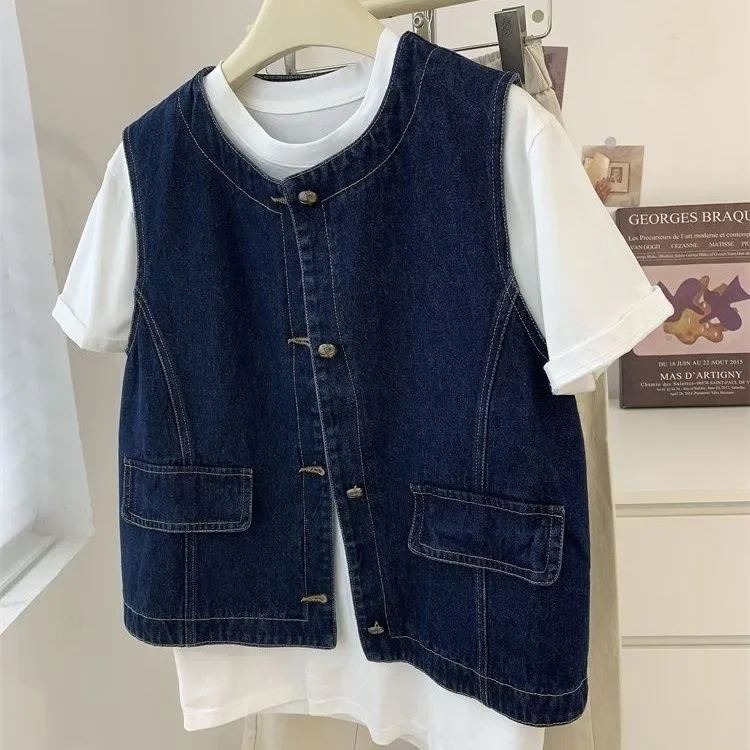 

Новинка весны 2024, универсальный жилет с круглым вырезом, куртки в Корейском стиле, синее джинсовое пальто в стиле ретро, женские однобортные свободные топы без рукавов Mujer