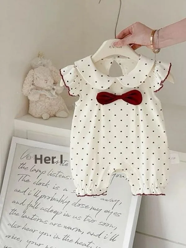 

Sweet Cute Polka Dot Baby Girl Rer Summer Thin Doll Collar Bow Tie Overall Clothes Cotton ort Sve Children's Outfits