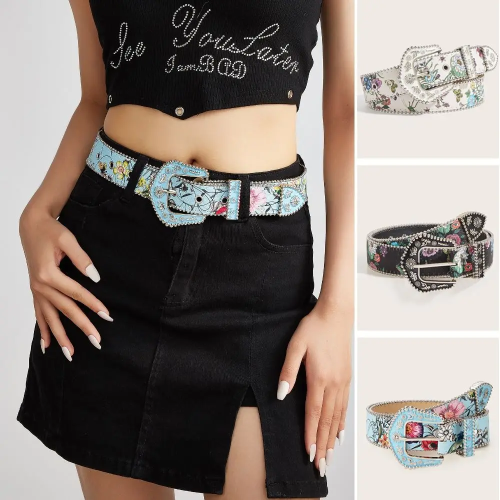 Elegant Flower Floral Belt Printed Korean Style PU Leather Waistband Dress Decor Y2K Girl Retro Waistband Daily