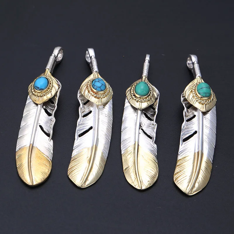 Japanese style jewelry, pure silver, gold tail, feather necklace, pendant, female personality, creative setting, turquoise leaf