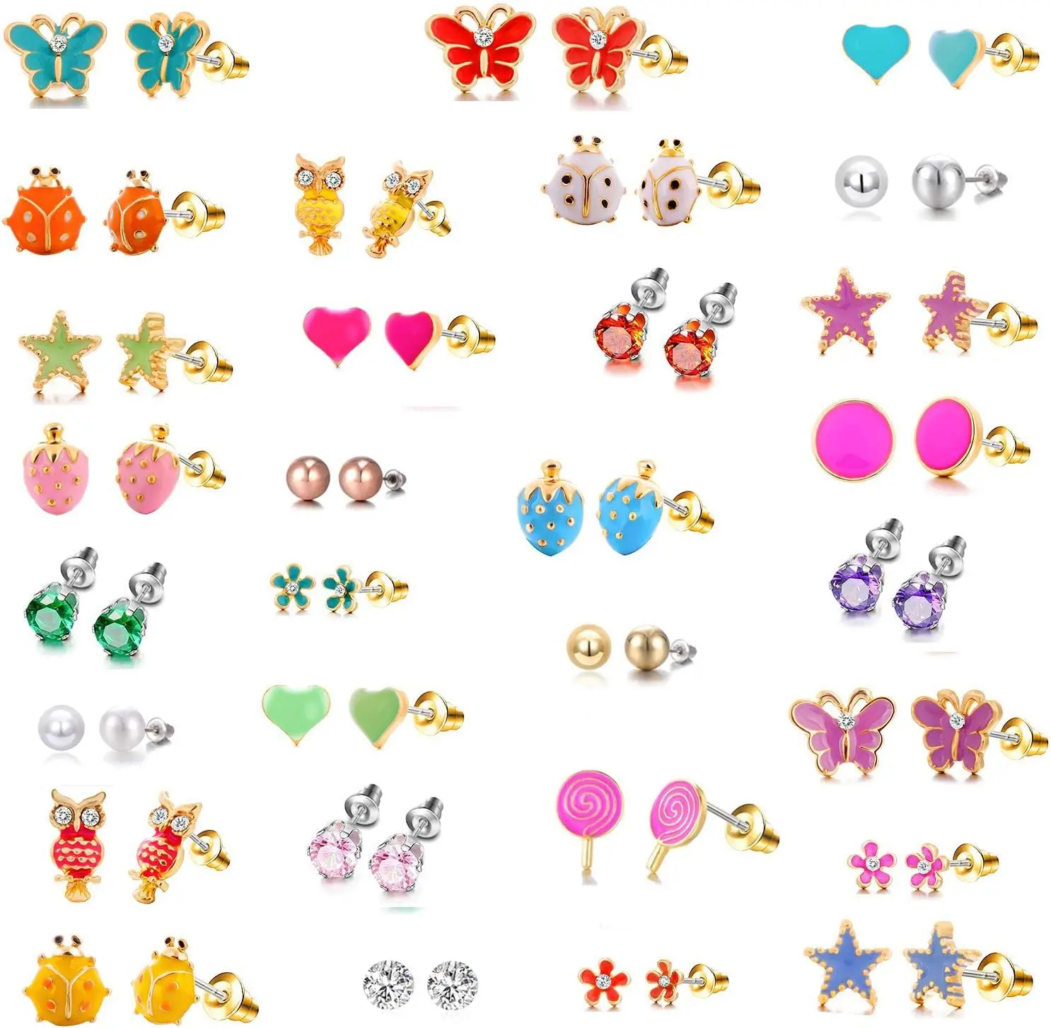 

Hypoallergenic Stainless Steel Cartoon Earrings Set - 33 Pairs Mix & Match Cute Stud Earrings for Girls, Teens, Kids