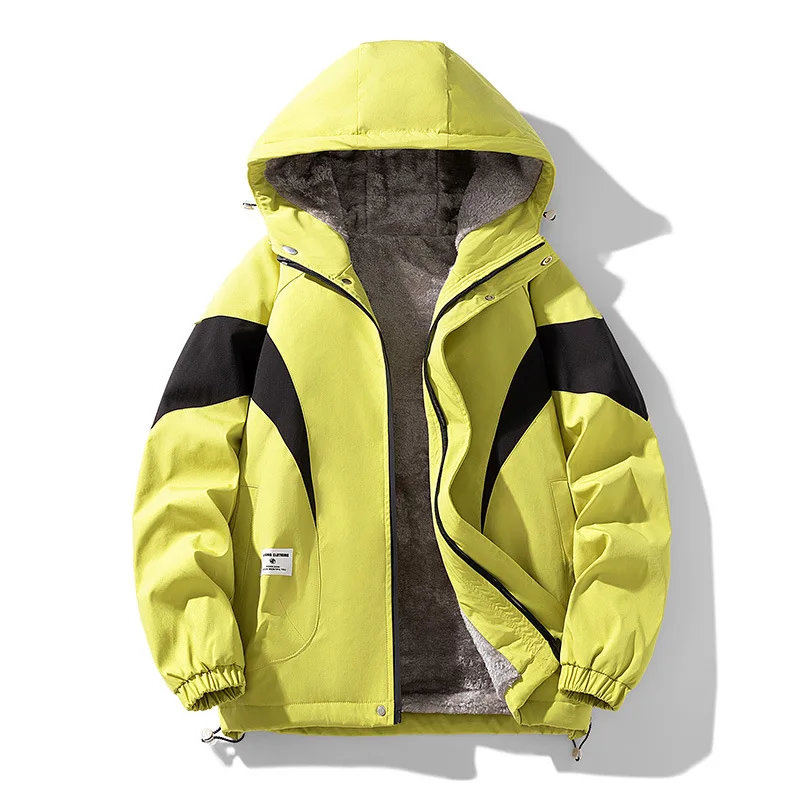 2024 New Winter Plush Thick Jacket for Men's Fashion, Versatile, Loose, Windproof, Warm, Contrast Color Casual Hooded Jacket