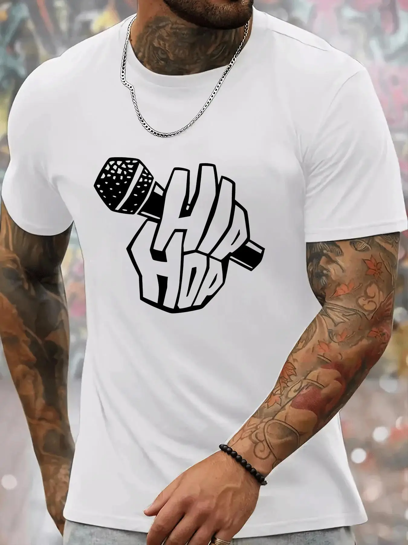 Hip Hop Microphone Print Mens Crew Neck T Shirt Vintage Rap Music Text Graphic Short Sleeve Casual Cotton Urban Street Tees