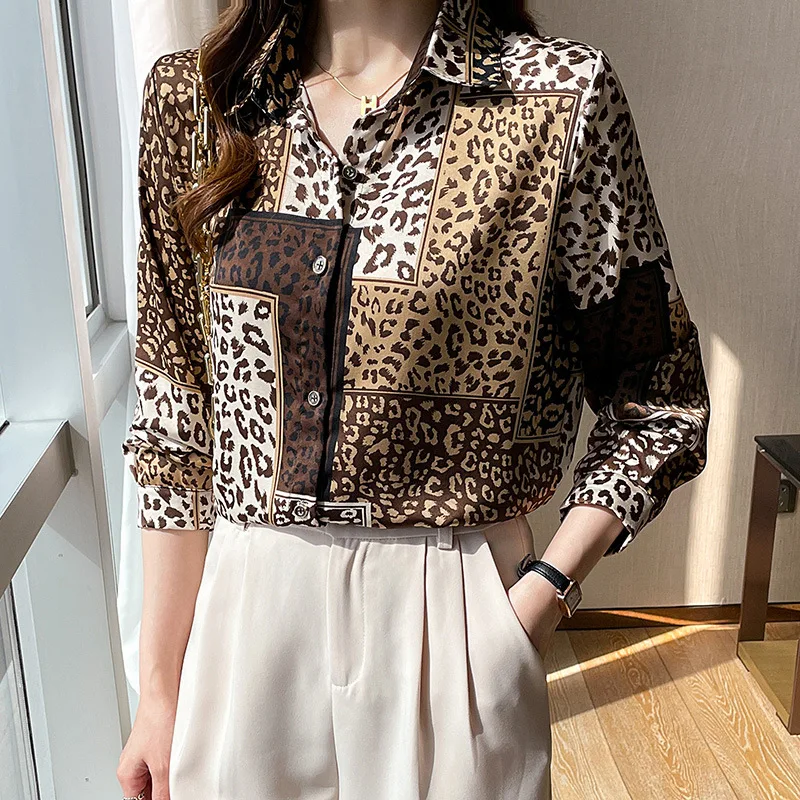 

Women's Long Sleeved Chiffon Blouse with Leopard Pattern, Slim Top for Girl, European and American Style, Simplicity Lady's