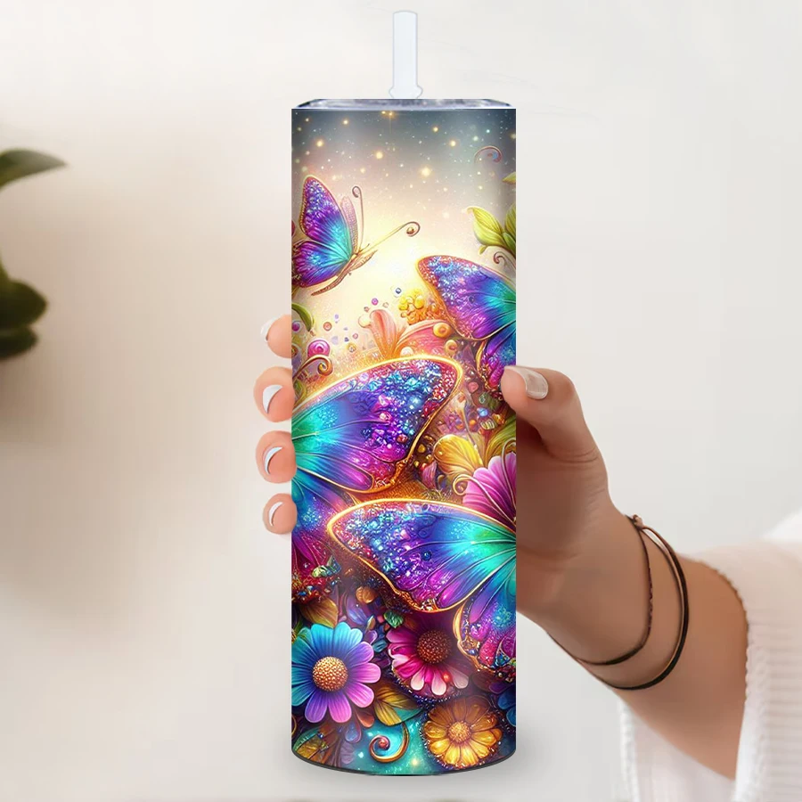 20oz 3D Print Colorful Butterfly Party Straight Bottle Straw Lid 1Pc Stainless Steel Insulated Water Mugs Outdoor Travel Tumbler