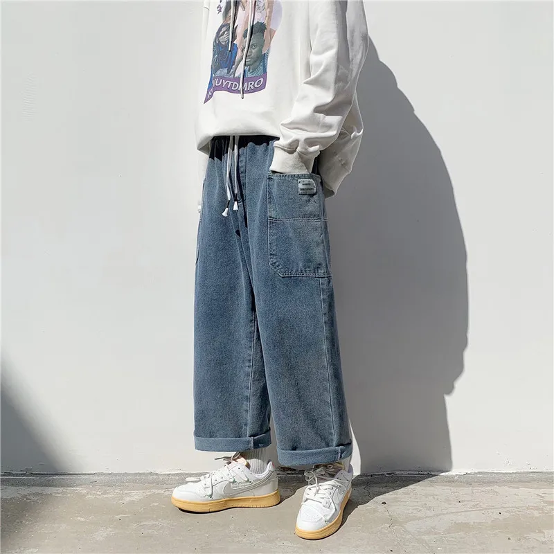

Casual Men's Workwear Jeans Summer Hong Kong Style Loose Straight Leg Label Patch Large Pocket Wide Leg Elastic Waist Jeans