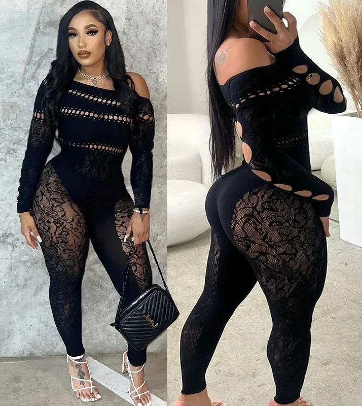 

hollow out sexy curves nightclub party transparent super elastic mesh playsuit bodysuit romper ropa de mujer jumpsuit