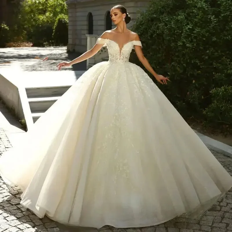 플라빈케 맞춤형 민소매 볼 가운 웨딩 드레스 오프숄더 아플리케 공주 신부 플러스 사이즈 웨딩드레스