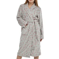 Fleece Coral Kimono Robe New Winter Flannel Bathrobe Gray Print Sleepwear Women Bath Gown Warm Robes with Pocket Nightwear