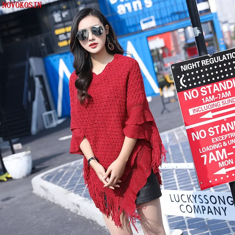 

7 Colors Two Layers Ruffle Poncho Knitwear Women Pullover Triangle Tassel Long Sweater Autumn Outstreet Knitted Shawl Loose Cape