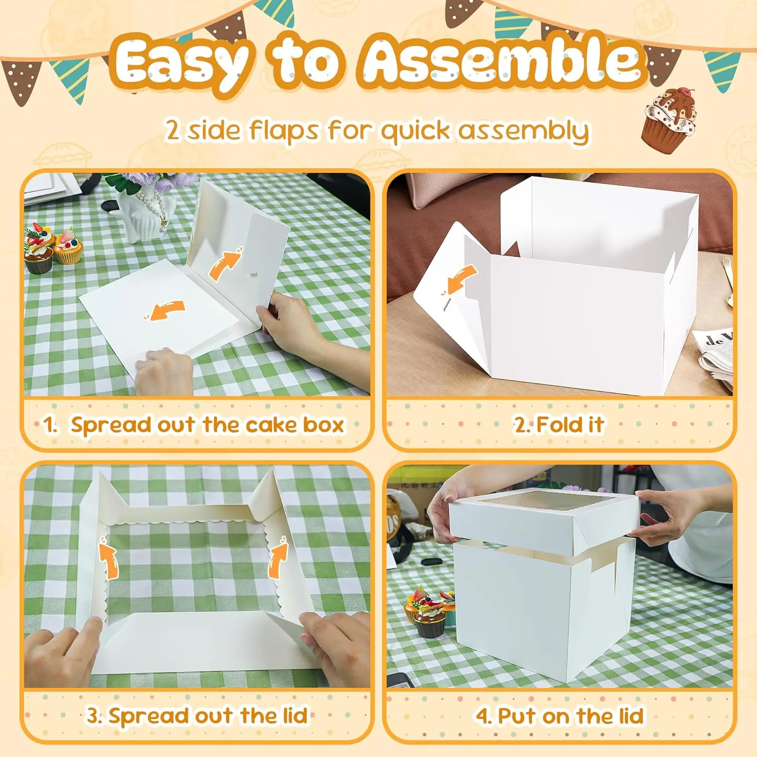 3 Pack Cake Boxes, 10x10x8 Inches Tall Cakes Box with Window, White Cake Boxes with Cakes Boards, Square Bakery Box, for Cake, T view 4