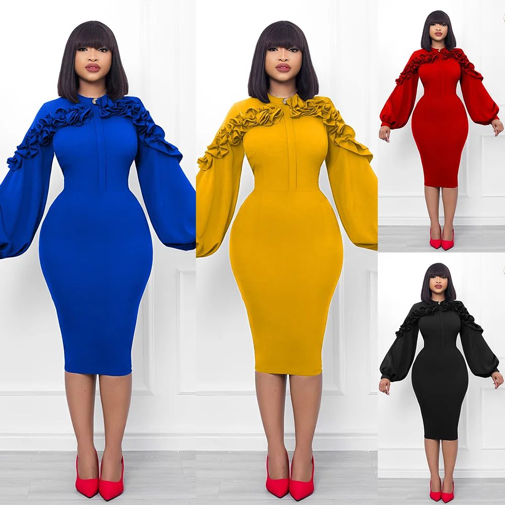 

Bodycon Midi Dresses for Women Christmas 2023 Long Lantern Sleeve Pleated Robes Elegant Package Hip High Waist Autumn Vestidos