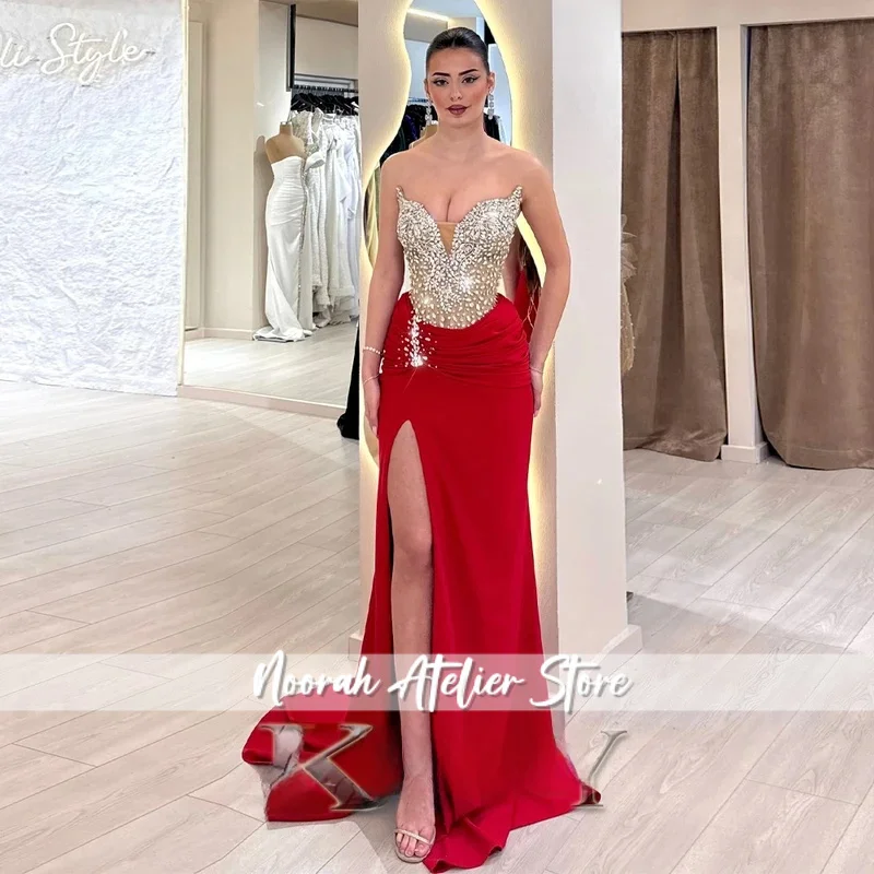 

uxury Evening Dresses for Women High Slit Trumpet Sleeveless Rhinestones Pleat Vestido De Noche Customized Plus