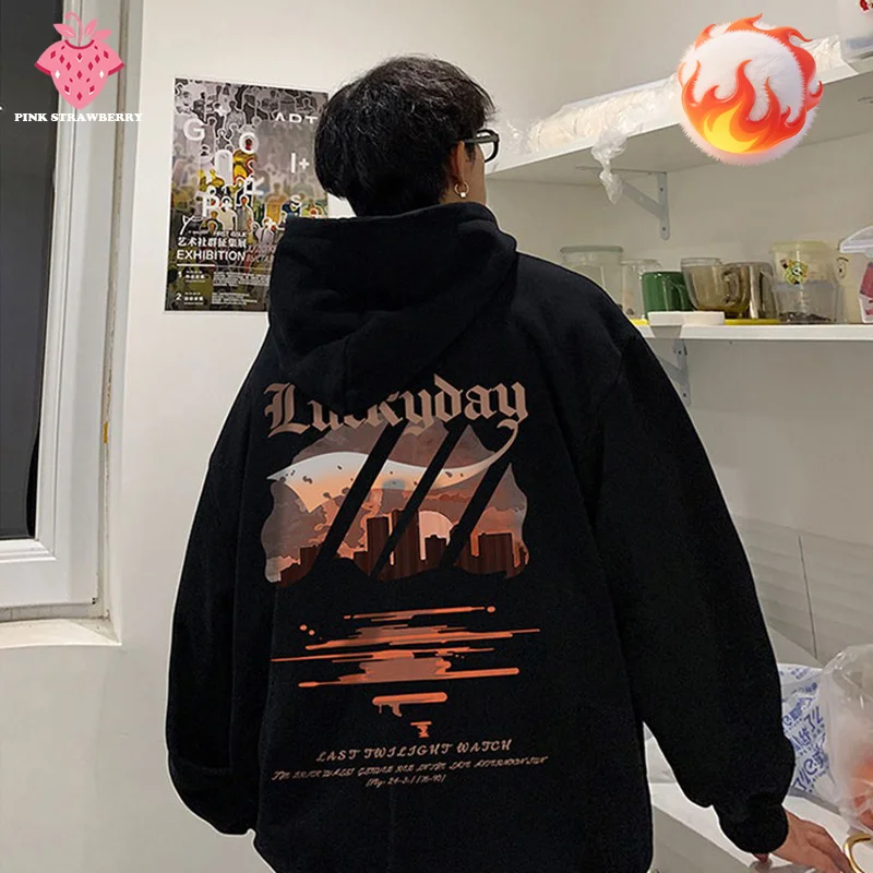 

American Retro Plush Hoodie Men Autumn Winter 2025New Oversized Black Long sleeves warm Pullover Sweatshirt Y2K Top Men clothing