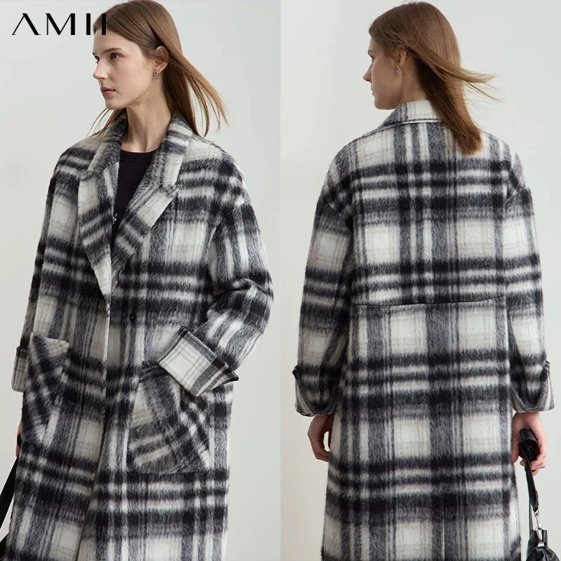 AMII Minimalism Women's Coat 2026 Winter New Contrast Color Lapel Collar Woolen Coat Woman Long Sleeve Plaid Outerwear 12454016