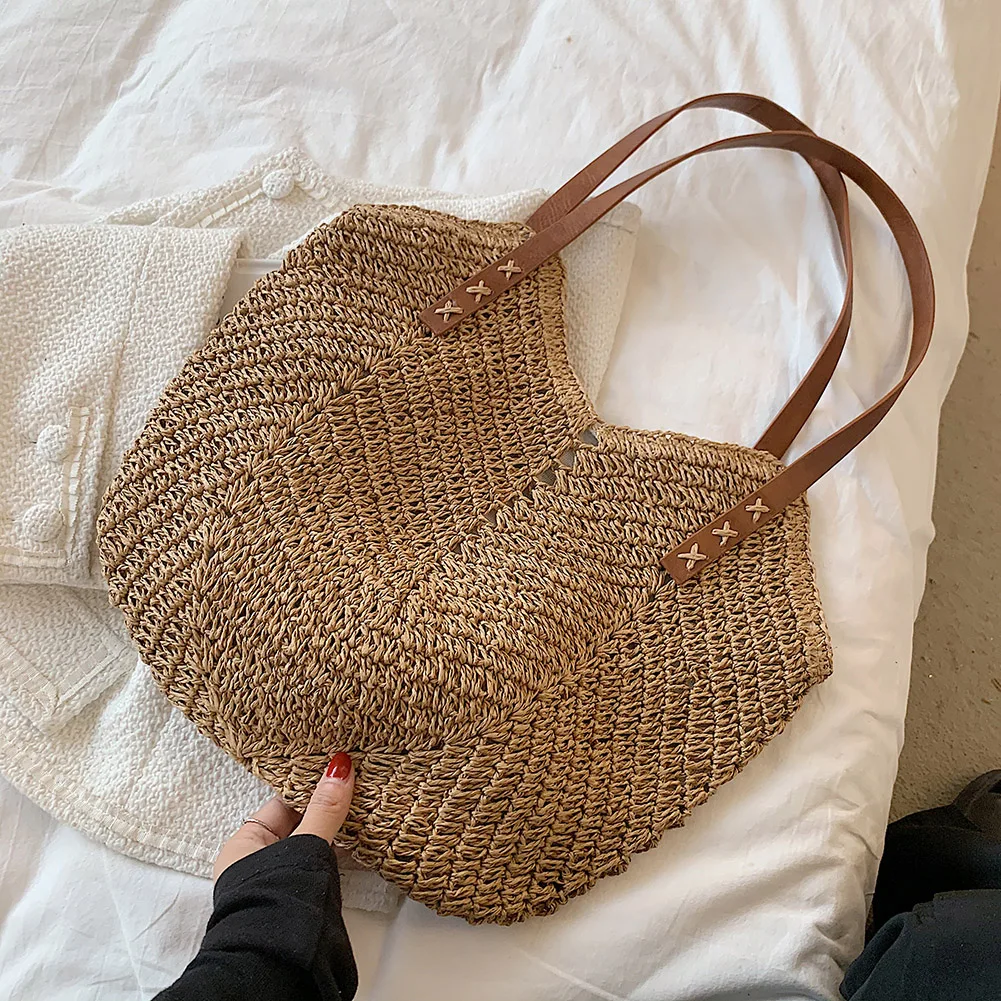 Bolsa feminina de palha tecida à mão, bolsa de ombro, bolsa de praia, casual, para viagens