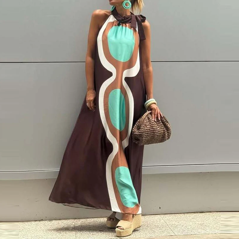 Verão elegante o-pescoço rendas vestido de férias feminino casual sem mangas solto vestido de festa moda padrão impresso bohe vestido longo