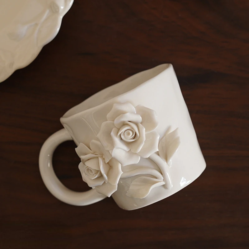 Romantic Valentine's Day Limited Handmade Rose Three-dimensional Flower Ceramic Coffee Cup Creative White Cup Wedding Gift