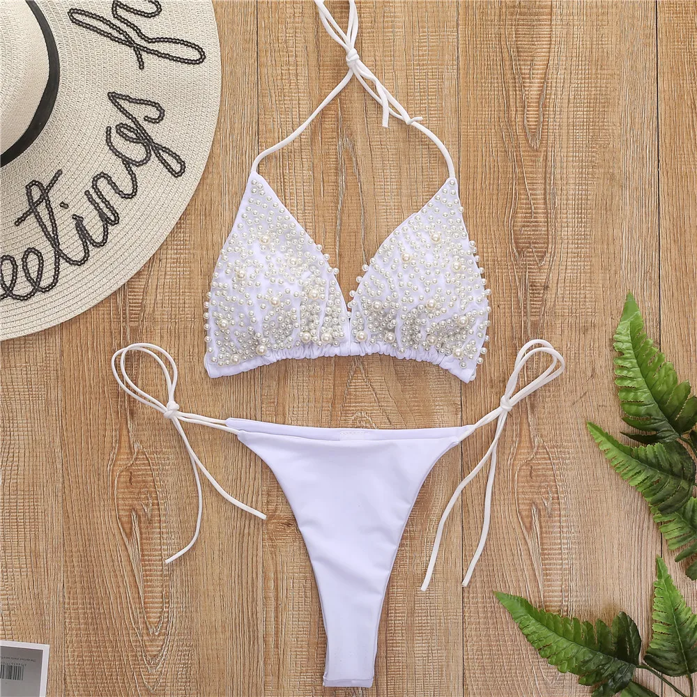 Luksusowe seksowne bikini Faux Pearl strój kąpielowy brazylijskie stroje kąpielowe damskie bikini zestaw regulowany kostium kąpielowy damski strój kąpielowy typu Halter