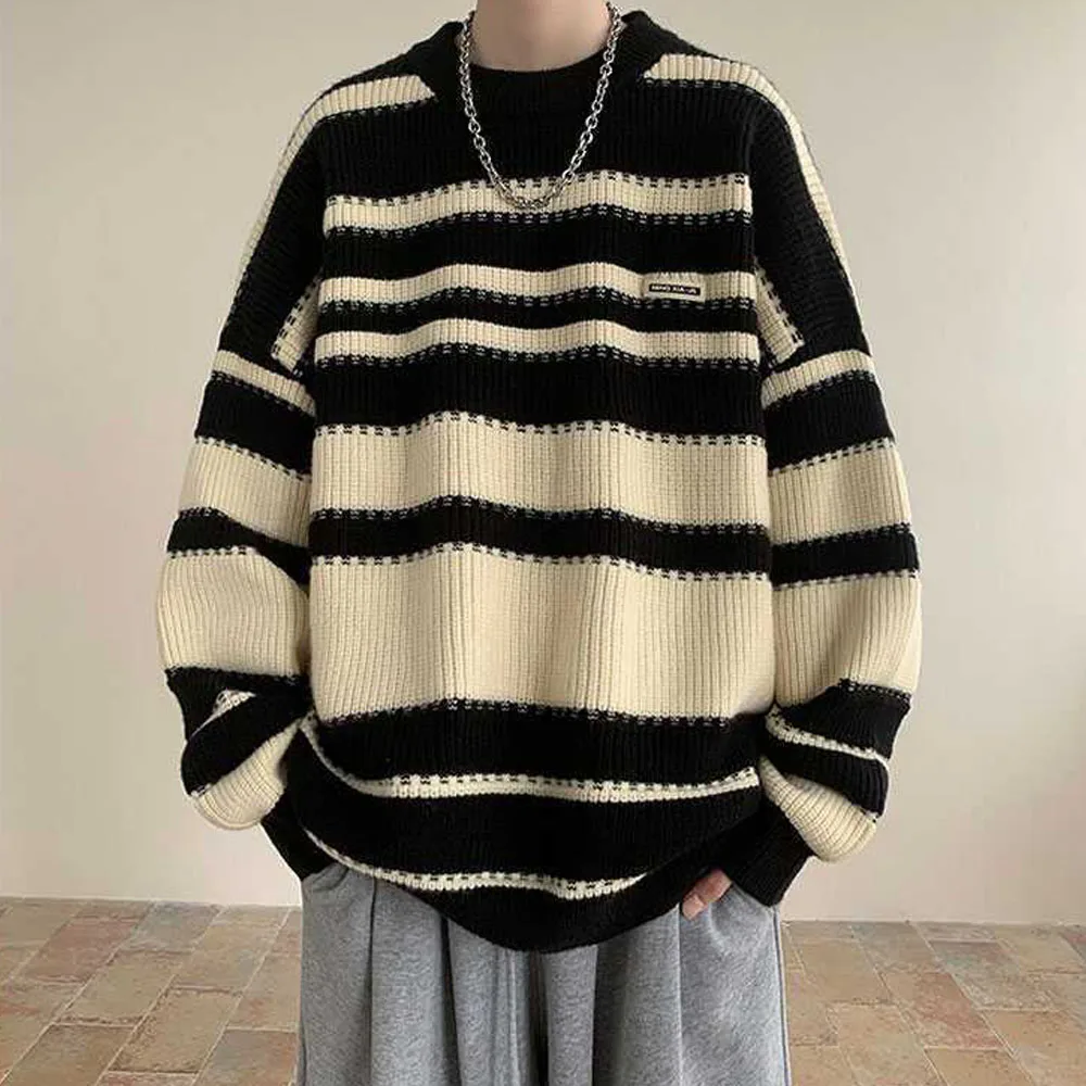 Men's Y2K Thick Knit Knitwear Striped Sweater Pullovers Couple Cold Blouse Tops Women Korean Winter Autumn Clothes Sweatshirts