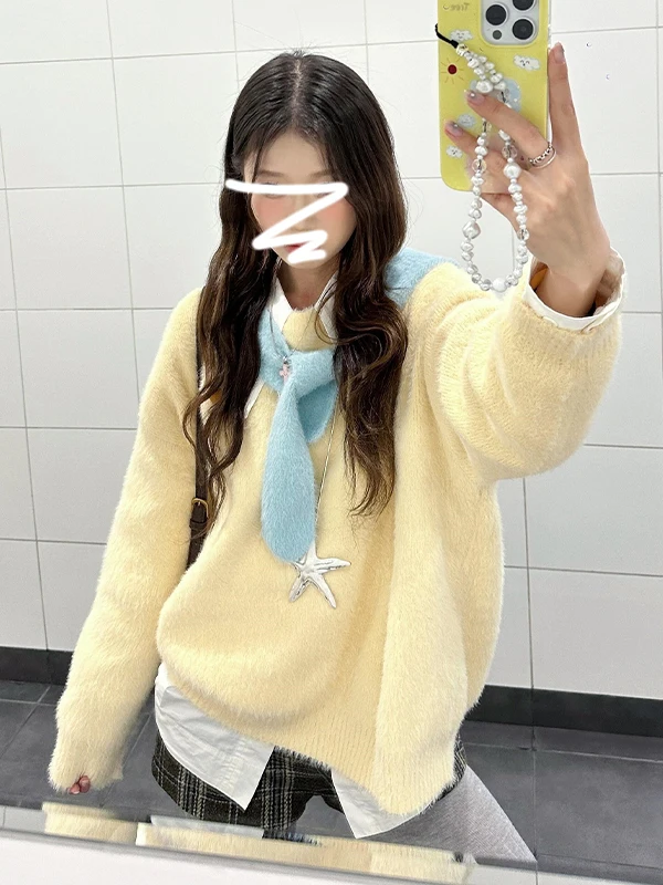 

Ретро корейский желтый мягкий уютный круглый свитер Ne женский осенне-зимний нежный универсальный дизайн вязаный пушистый модный топ