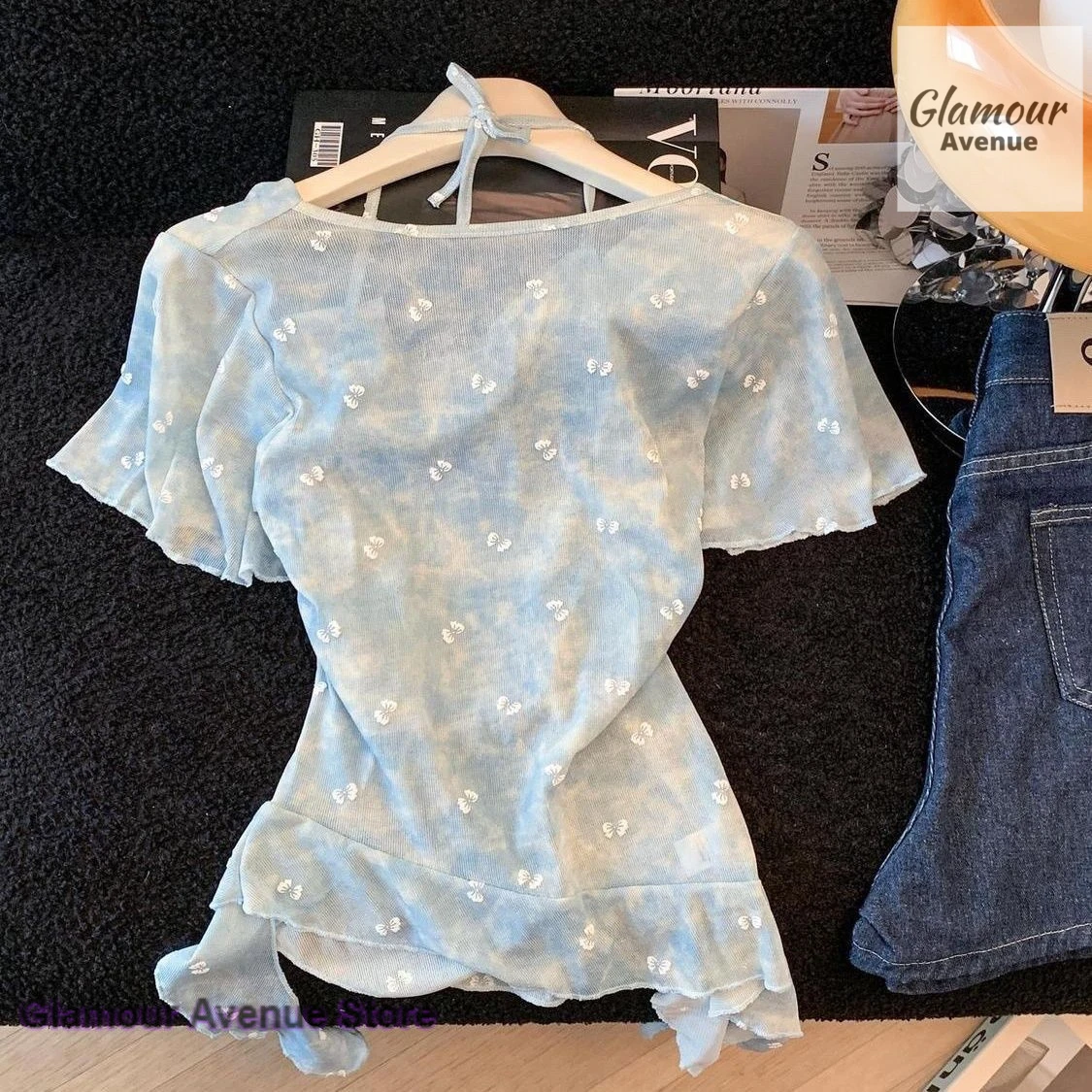 Korean soft color neck decal T-shirt women's new summer fashion design sense tie-dyed floral irregular hem slim casual top