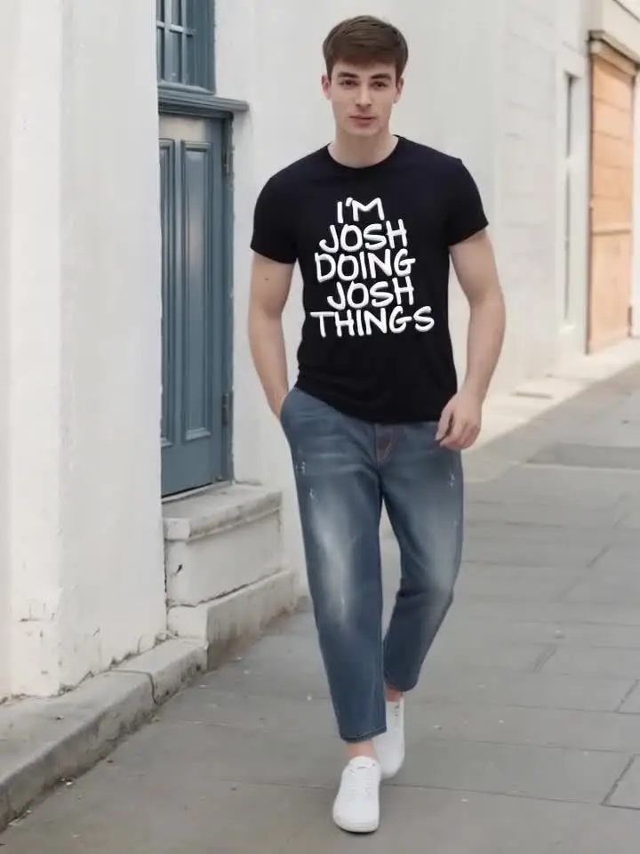 تي شيرت مطبوع عليه حرف I M JOSH DOING JOSH THINGS تي شيرت كاجوال من القماش المسامي برسومات