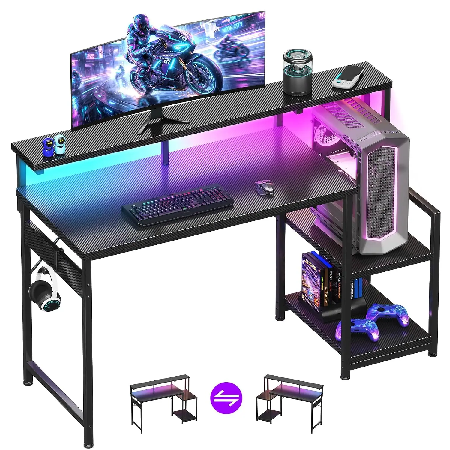 48 Inch Gaming Desk with LED Lights & CPU Stand Carbon Fiber Computer Desk Storage Shelves Reversible Monitor Stand, Customized
