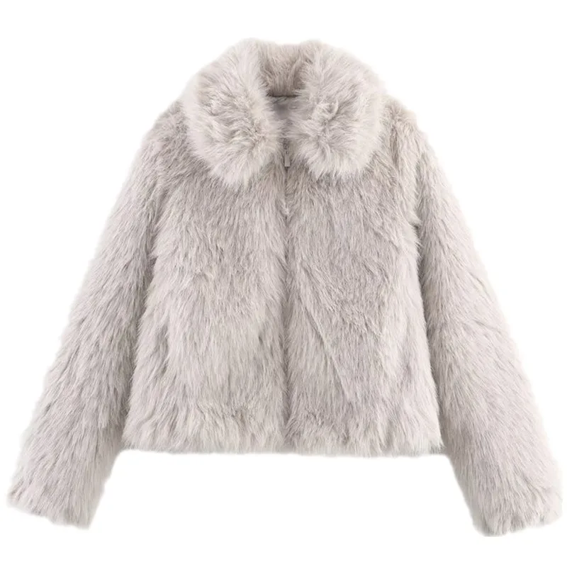 Damska modna kurtka z efektem sztucznego futra, zapinana na zamek, jesienno-zimowa, nowość, uniwersalna, długa, z wykładanym kołnierzem.
