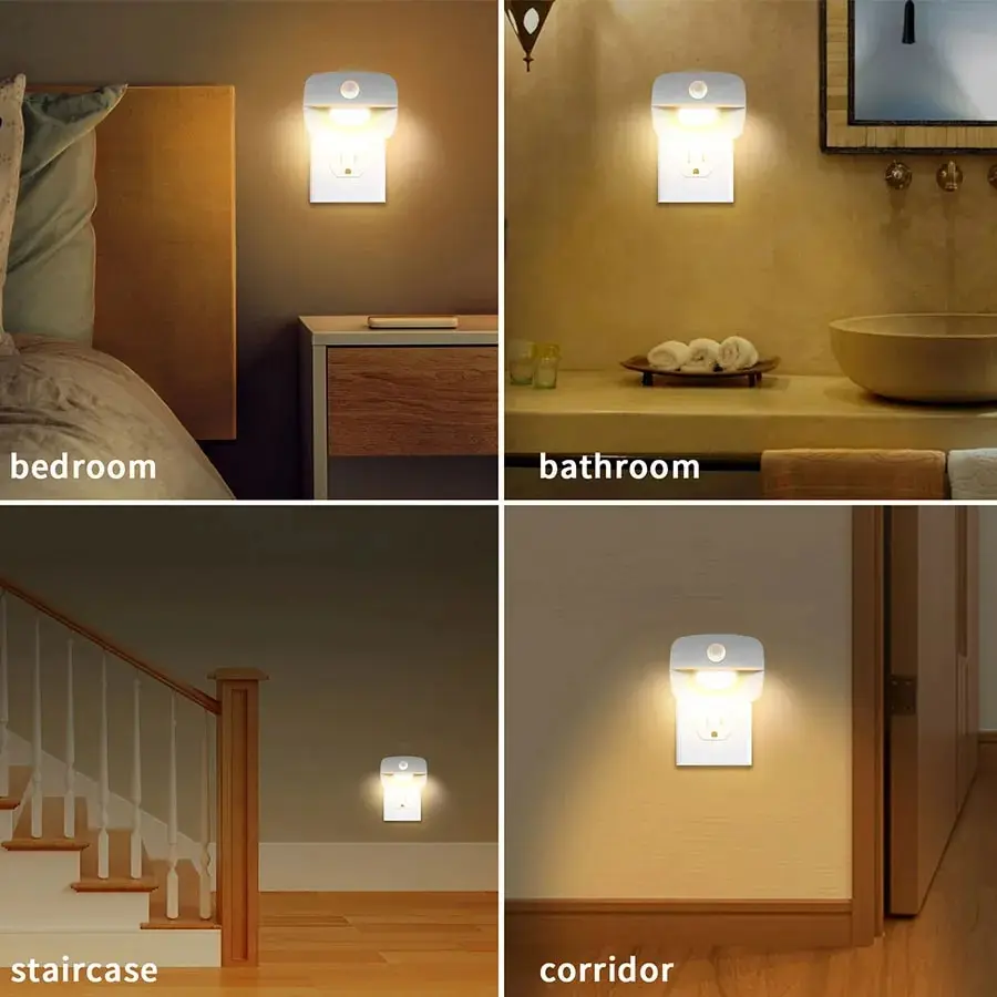 US EU Plug in LED Night Light Motion Sensor Lamp Nightlights Kitchen Bedroom Hallway Stairs WC Night Lamp 3 Colors Temperature