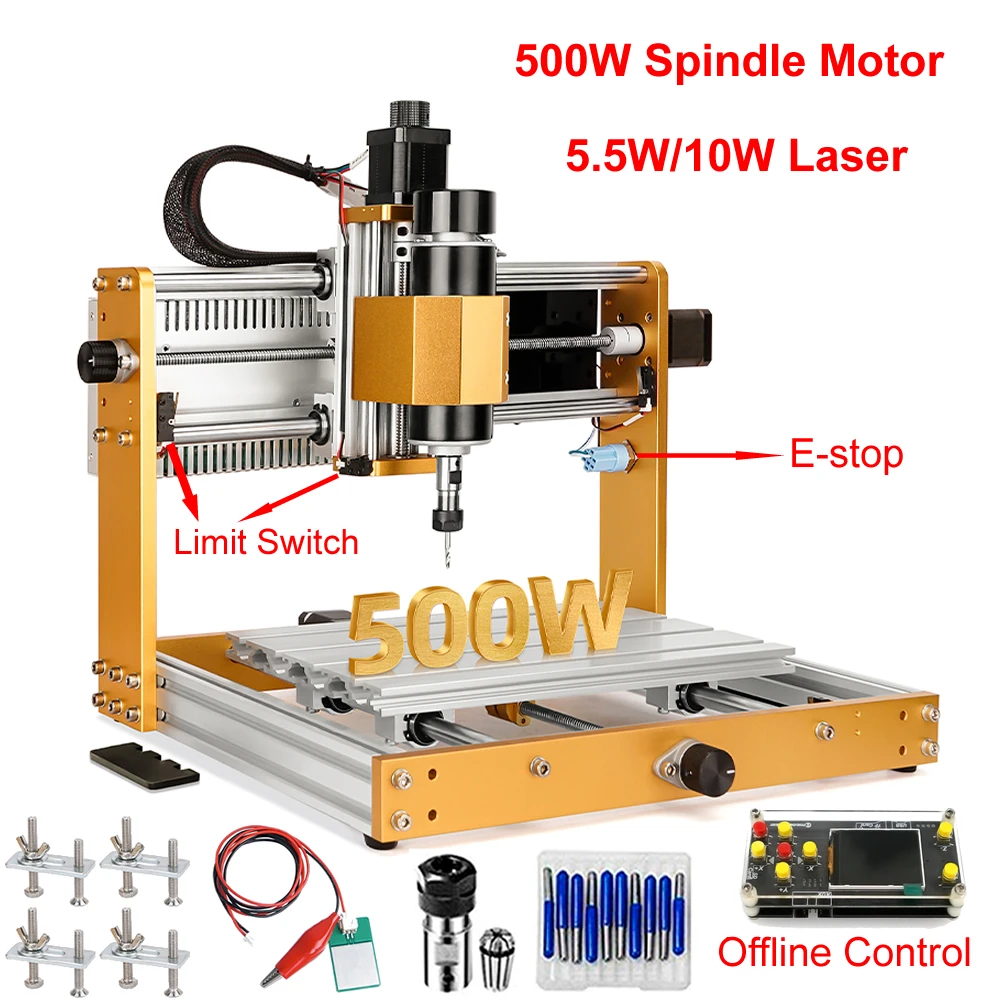 Mini CNC Router 3018 Pro com Quadro De Alumínio, Kit De Atualização, NEMA17 Stepper Motor, Interruptor De Limite Do Eixo, Controle Offline, 500W,