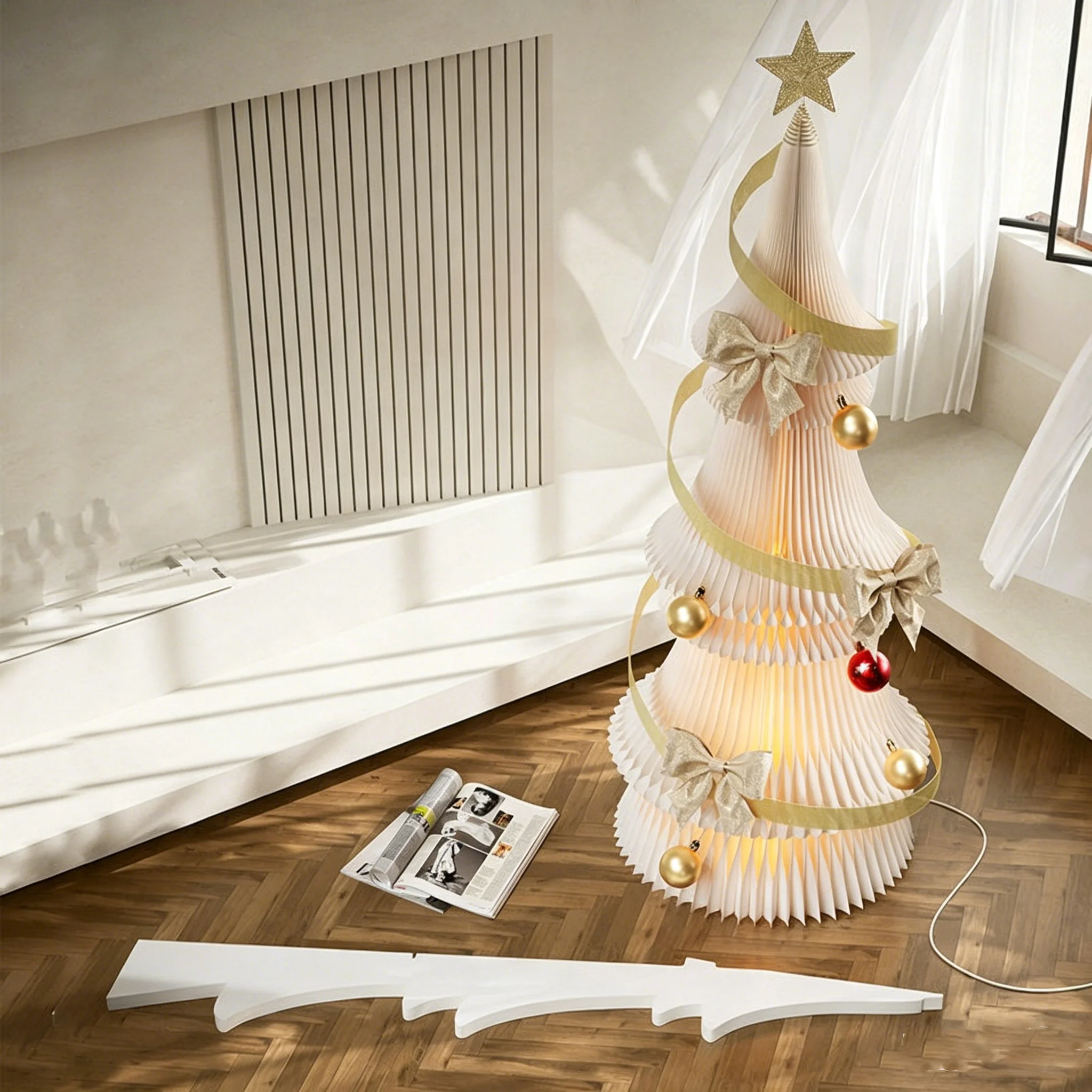 Large White Foldable Paper Honeycomb Christmas Tree Decoration With LED Lights For Shop Festive Decoration