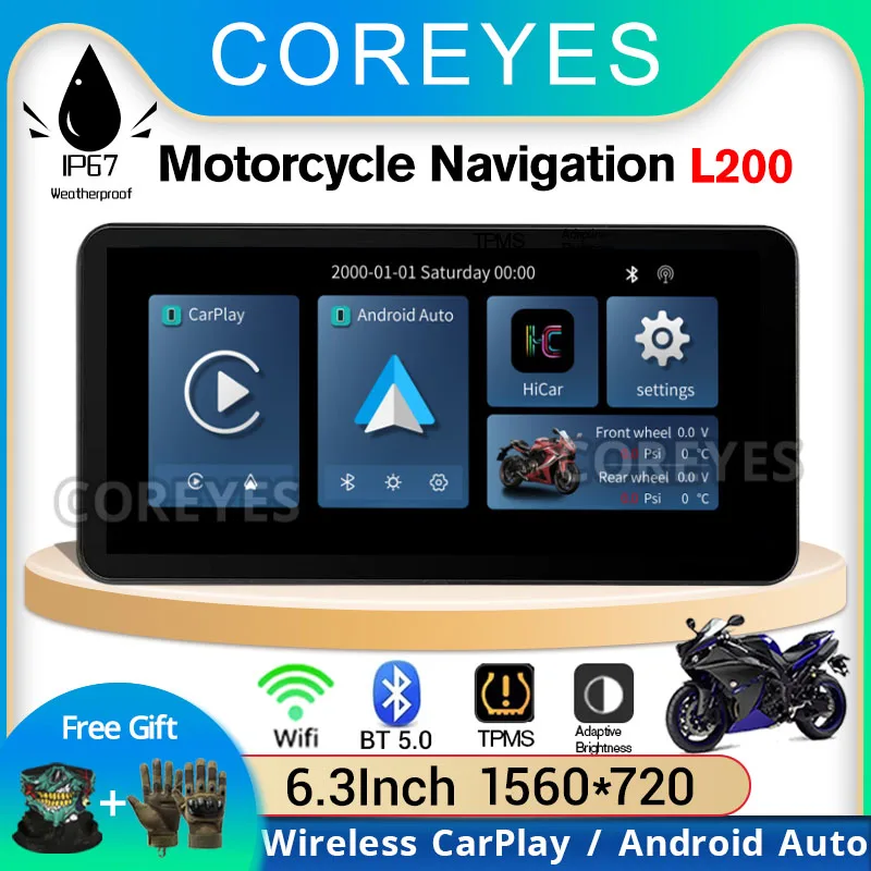 COREYES L200 Tela para motocicleta Carplay Moto Navegação Tela à prova d'água Monitor portátil para motocicleta sem fio Android Auto