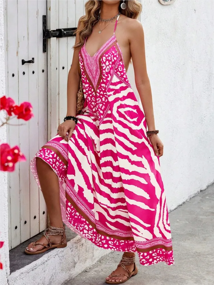Vestido estampado con espalda descubierta y cuello Halter para mujer, moda de verano, elegante, informal, holgado, para vacaciones en la playa, fiesta, bata para mujer