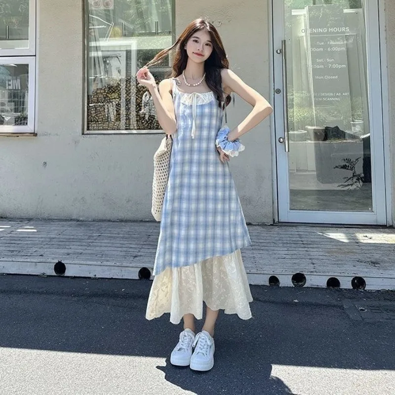 Holiday Style Lace-up Plaid Suspender Dress Women's Summer New Fake Two-piece Contrasting Color Splicing Temperament Long Skirt