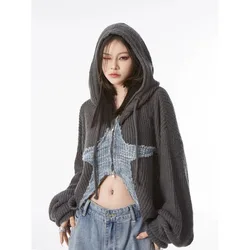 Deeptown Y2k Grunge Damen pullover Reiß verschluss Strickjacke Ernte Strickwaren Star Kapuze Hip Hop Kint Herbst Overs ize Streetwear Gyaru