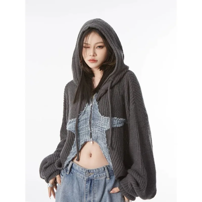 Deeptown Y2k Grunge Women's Sweater Zip Up Cardigan Crop Knitwear Star Hooded Hip Hop Kint Autumn Oversize Streetwear Gyaru