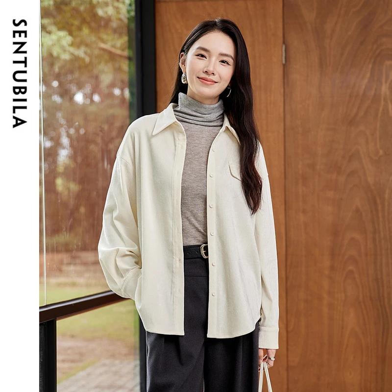 SENTUBILA Women's Upper Garment Corduroy Shirt Long Sleeve Buttons Turn Down Collar Warm Letter Embroidery Casual Coat 144C57426