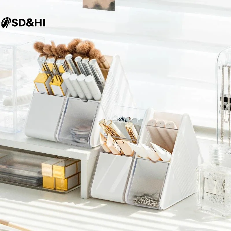 Plastic Slanted Pen Holder Multi Compartments Clear Slots Perfect For Home Office School Study Desk Use