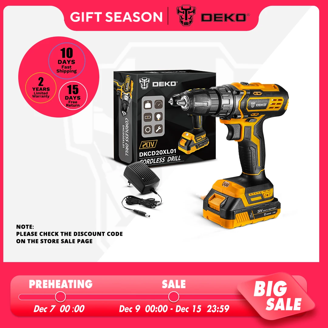 DEKO New 20V Cordless Drill Driver, 40N.m Electric Screwdriver,1500mAh Lithium-ion Battery,Fast Charger Power Tools for Home DIY