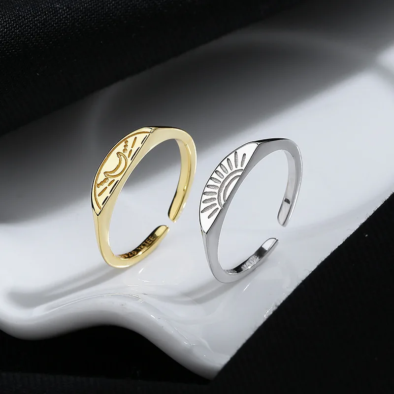 SOFTPIG Plata de Ley 925 auténtica estilo INS anillo ajustable para parejas para mujeres joyería fina bonita accesorios minimalistas de sol y Luna